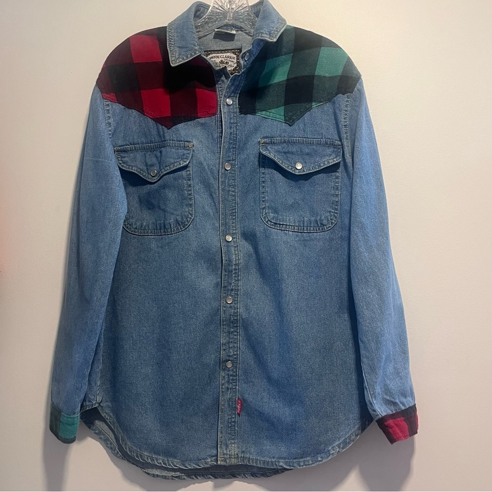 Vintage DMode Classix Western Denim Buffalo Plaid Yoke Snap Button Cowboy Shirt